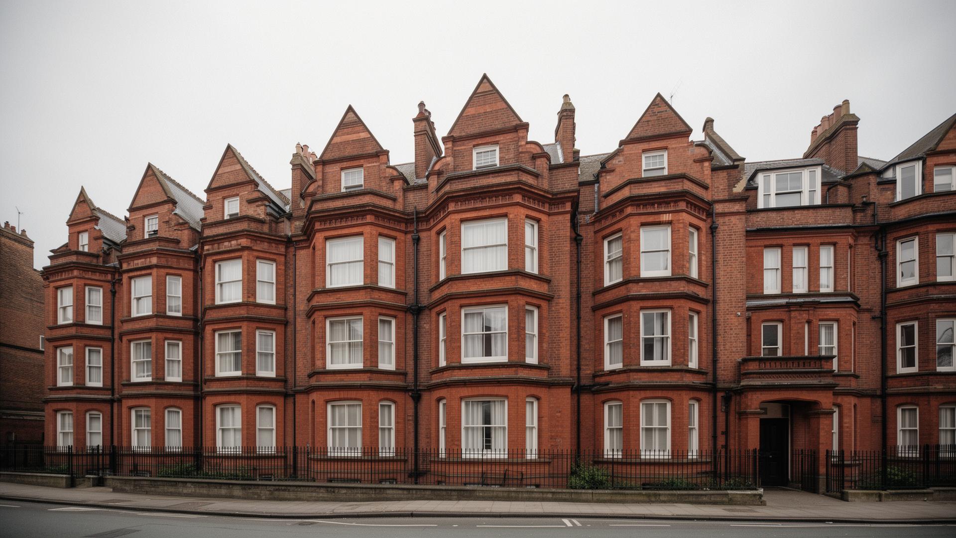 Unsplit freehold residential block of flats in the UK, street-level documentary view